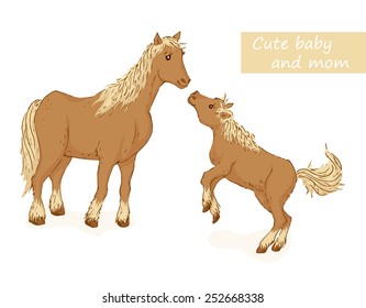 Horse and foal. Cute animals family with mom and baby. Vector illustration