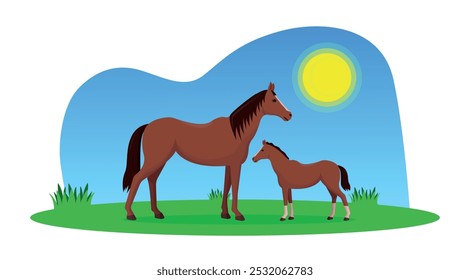 Caballo y potro en un prado con sol. Ilustración vectorial.