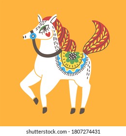 Horse with folk floral ornament. Creative print print for cards, posters, t-shirts, other clothes and more. Isolated.