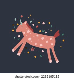 Horse with folk nordic floral ornament. Paper cut animal in flat modern scandinavian style. Hand drawn colored set. Hygge and lagom design concept. Vector