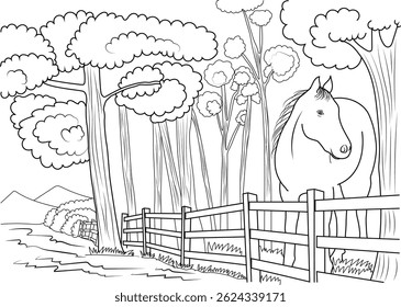 Horse in the Forest Clearing Line Art, Black and white line art illustration of a horse standing near a fence in a forest or woodland setting, with distant hills visible. Simple drawing style