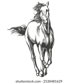 cavalo, O cavalo está galopando rápido, logotipo, desenhado à mão vetor ilustração esboço realista