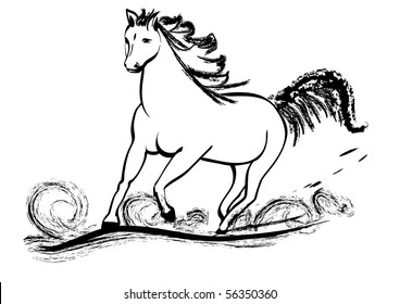 Horse galloping with flying mane