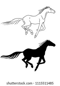 The horse gallops. Line drawing and silhouette of a galloping horse. Outline. 
hand drawing