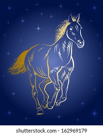 The horse gallops on the background of the starry sky. Year of the horse.