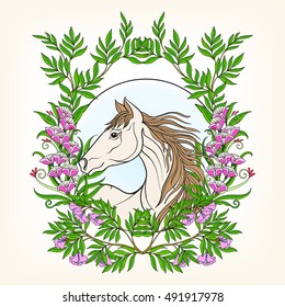 Horse in garden. Colored Vector illustration. Good for greeting card for birthday, invitation or banner