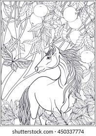 Horse in garden or forest. Vector illustration. Coloring book for adult and older children. Outline drawing coloring page.