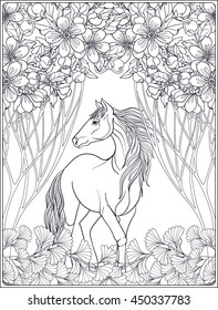 Horse in garden or forest. Vector illustration. Coloring book for adult and older children. Outline drawing coloring page.