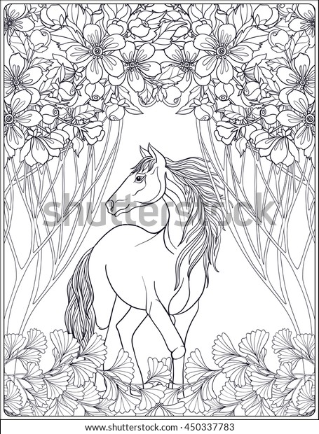 Horse
in garden or forest. Vector illustration. Coloring book for adult
and older children. Outline drawing coloring
page.