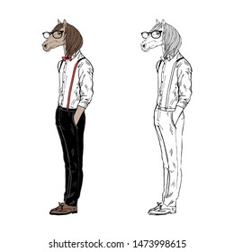 Horse gentleman dressed up in classy style. Anthropomorphic Animal zodiac sign character. Chinese New Year