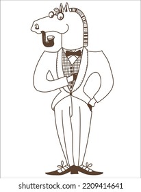 Horse gentleman with vintage tube and classic traditional suit. Vector horse British style hand drawn illustration isolated on white.