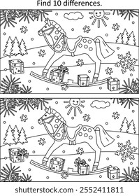 Horse and gift boxes in winter difference game and coloring page
