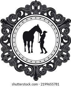 Horse and girl love with vintage frame handmade vector