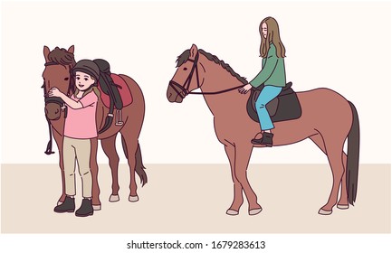 Horse and girl. Girl riding on horse. hand drawn style vector design illustrations. 