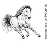 Horse. A graphic image of a running horse in a sketch style on a white background. Digital vector graphics.