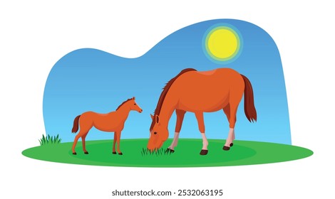 Un caballo con hierba y un potro en un prado o campo. Ilustración vectorial.