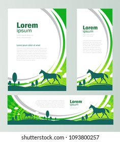 Horse grassland theme green color. Set flyer, banner, roll up banner, brochure design template