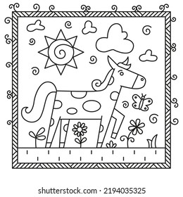 A horse grazes on a meadow with flowers. Black and white vector illustration for coloring book.