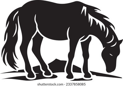 Horse grazing, Basic simple Minimalist vector graphic, isolated on white background, black and white