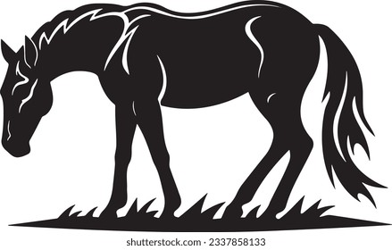 Horse grazing, Basic simple Minimalist vector graphic, isolated on white background, black and white