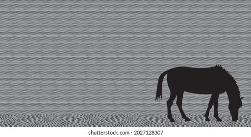 Horse Grazing Near A Stone Wall. Vector Illustration