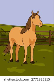 Horse grazing in a pasture with a background of fields. Rural landscape. Vector illustration.