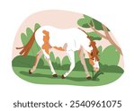 Horse grazing, walking and eating grass. Calm equine, farm animal feeding on rural field, pasture, nature, countryside. Country stallion outdoor. Flat vector illustration isolated on white background