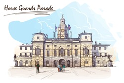 Horse Guards Building In London.  Front View. Palladian Style. Watercolor Imitating Painted Sketch. EPS10 Vector Illustration.
