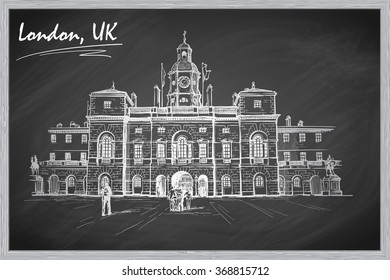 Horse Guards building in London.  Front view. Palladian style. Sketch imitating chalk drawing on a blackboard. Sketch is isolated on a separate layer. EPS10 vector illustration.