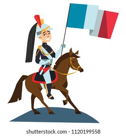 Horse Guards Parade Happy Bastille Day. 14th july independence day vive la france Creative Vector illustration French National holiday Man with flag on equine