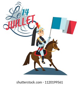 Horse Guards Parade Happy Bastille Day. 14th july independence day vive la france Creative Vector illustration French National holiday Man with flag on equine