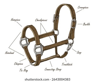 Vetor de esquema de partes de halter de cavalo