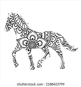 HOrse. Hand drawn Christmas magic horned horse with birds for adult anti stress Coloring Page with high details isolated on white background, illustration in zentangle style. Vector deer. Sketch.