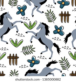 Horse hand drawn and floral drawing seamless pattern childish style for kids and baby fashion textile print.