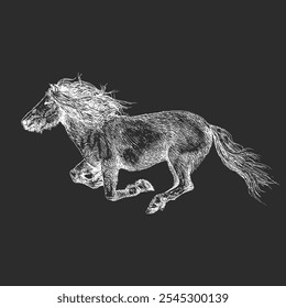 Horse, hand drawn sketch in vector, vintage illustration of running steed in engraving style