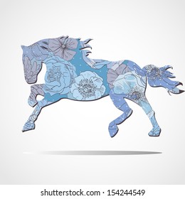horse hand drawn vector illustration, decorated with blue flower. Vector element for design, 2014