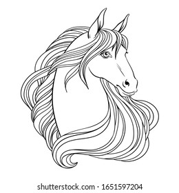 Horse hand drawn vector linen illustration for logotype, coloring book, greeting card.