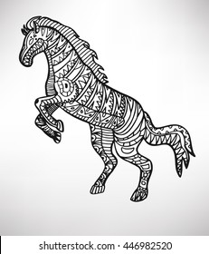 Horse. Hand-drawn with ethnic pattern. Coloring page - isolated on a white background. Zendoodle patterns. Vector illustration.