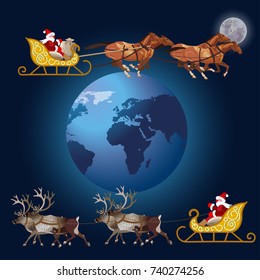 Horse harness and reindeer team with Santa Claus. Vector illustration