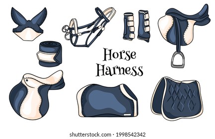 Horse harness a set of equestrian equipment saddle bridle blanket protective boots in cartoon style. Collection of illustrations for design and decoration.