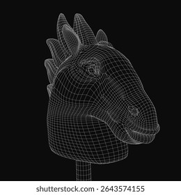 Modelo 3D de cabeça de cavalo renderizado em estilo realista com juba detalhada, olhos expressivos e narinas visíveis. A escultura branca contrasta fortemente com o fundo preto para um visual impressionante.