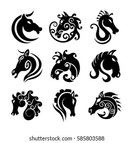 Horse head art templates, heraldic or fairy tattoo symbols