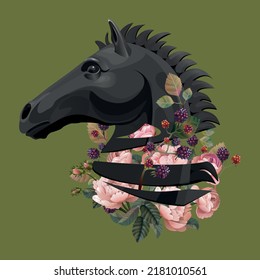 horse head black with peony flowers. Vector illustration