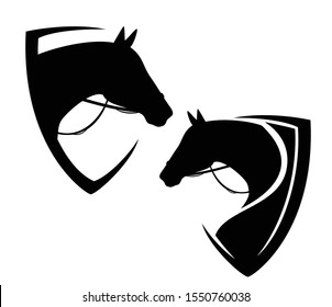 horse head with bridle and reins in heraldic shield - horseback riding black and white vector heraldry design