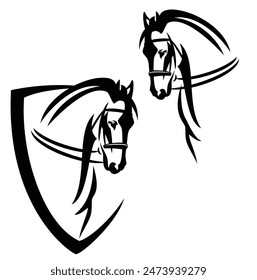 horse head with bridle and reins in simple heraldic shield - horseback riding black and white handdrawn vector emblem design set