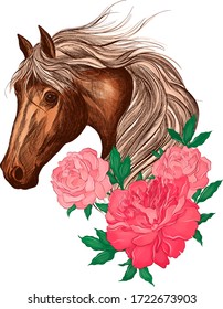 horse head brown with peony flowers pink vector illustration