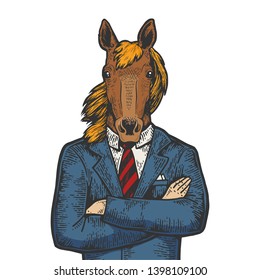 Horse head businessman color sketch engraving vector illustration. Scratch board style imitation. Black and white hand drawn image.