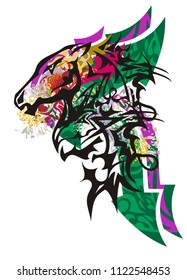 Horse head with color arrows. Grunge aggressive flaming ethnic horse head with red heart, colorful twirled floral elements and ornate arrows
