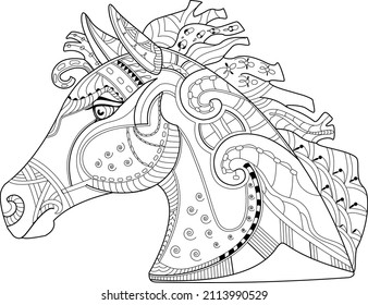 Horse head. Coloring pages. Zen art style illustration.