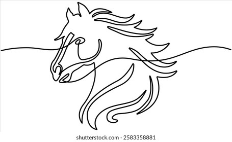 Horse head continuous one line drawing. majestic horse depicted in a continuous line drawing style. Isolated on white background.